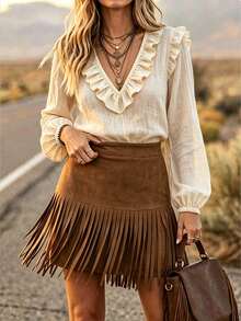 SHEIN LilyWest Blus Wanita Kasual Boho Serbaguna untuk Sehari-hari, Warna Polos, Leher V, Berlipit Ruffle, Aprikot, Musim Gugur, Bahan Linen Tenun Bertekstur, Lengan Panjang, Gaya Boho, Warna Serbaguna, Cocok untuk Brunch, Aprikot, dan Musim Gugur. - Aprikot - View 3