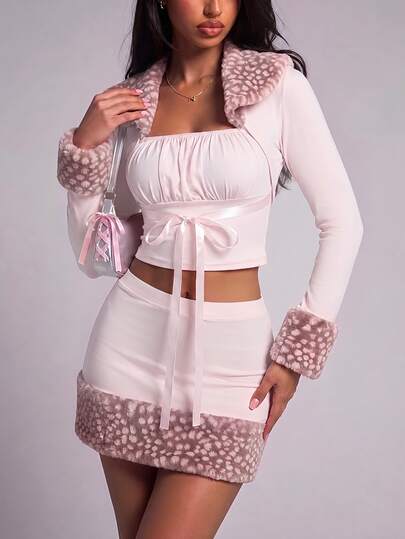 Nooralise Women's Autumn Y2K Cute 90s Sexy Animal Print Patchwork Thin Jacket Soft Pink Leopard Print Bowknot Strap Long Sleeve 2 Pieces Set Night Out Going Out