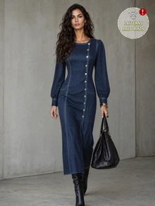 LUMIGAL Women's Slim Fit Waist-Cinching Split Hem Dress - Blue - View 1