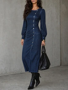 LUMIGAL Women's Slim Fit Waist-Cinching Split Hem Dress - Blue - View 4