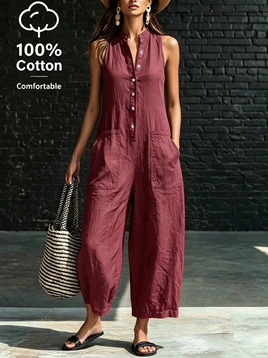 Hotletica Women's Solid Color Button Half-Placket Casual Sleeveless High-End Fashion Commute Jumpsuit - Red - View 1