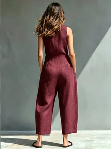 Hotletica Women's Solid Color Button Half-Placket Casual Sleeveless High-End Fashion Commute Jumpsuit - Red - View 2