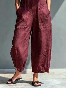Hotletica Women's Solid Color Button Half-Placket Casual Sleeveless High-End Fashion Commute Jumpsuit - Red - View 5