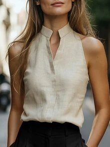 EMERY ROSE Top sin mangas con cuello Mao de lino sintético para mujer, versátil y estilizador para el trabajo - Albaricoque - Ver 6