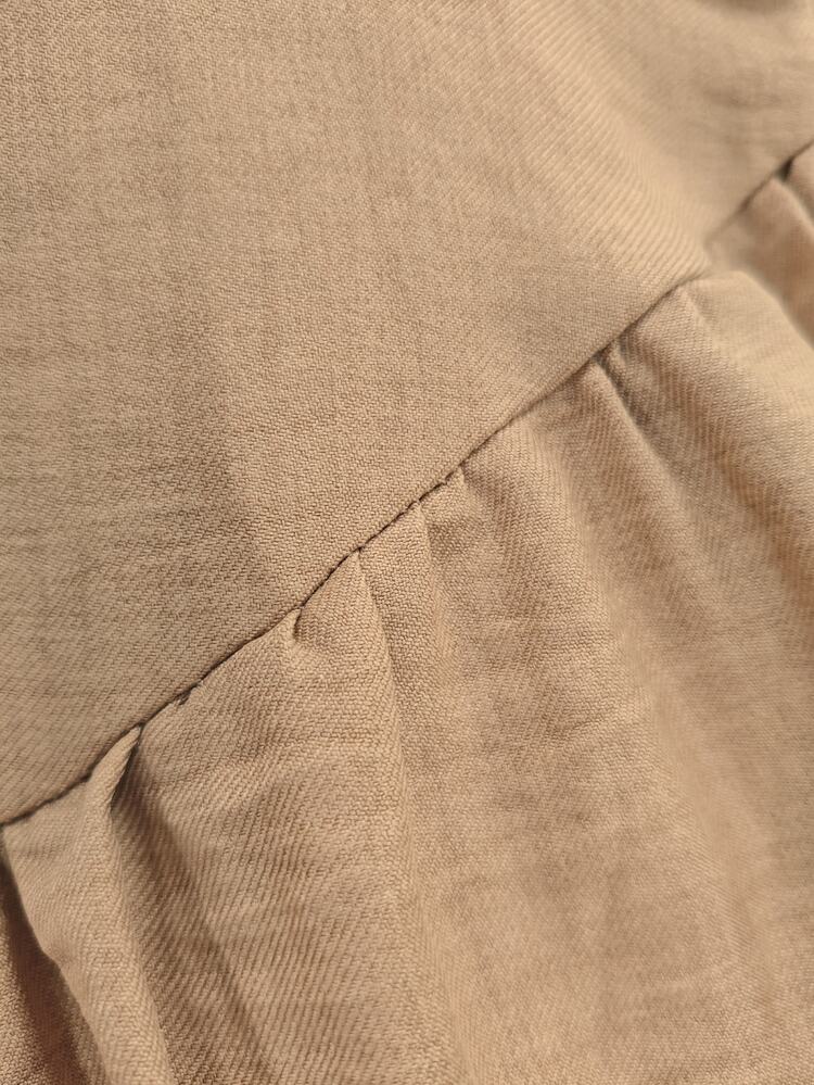 SHEIN Gaun Wanita Kasual Elegan Prancis Musim Gugur dengan Leher Persegi Asimetris dan Ruffle, Cocok untuk Brunch dan Pesta Teh. - Khaki - View 5