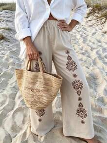 RIVANDRE Women's Casual Vacation Style Floral Print Wide Leg Long Pants - Apricot - View 3