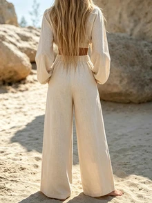 RIVANDRE Women's Casual Vacation Style Floral Print Wide Leg Long Pants - Apricot - View 7