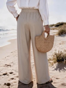 RIVANDRE Women's Casual Vacation Style Floral Print Wide Leg Long Pants - Apricot - View 2