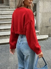 Cévolie Batwing Sleeve Seahorse Mohair Festive Knit Lightweight Versatile Cardigan - Red - View 5