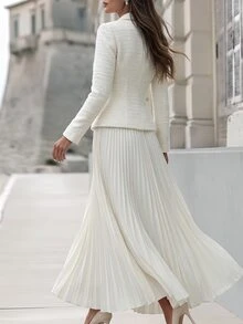 SHEIN Women's Fall/Winter White Lapel Double-Button Blazer Pleated Skirt Set,Short Jacket With High-Waist Swing Maxi Skirt,Occasion Wear For Business Dinner - Beige - View 2