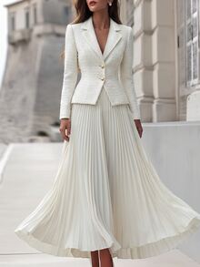 SHEIN Women's Fall/Winter White Lapel Double-Button Blazer Pleated Skirt Set,Short Jacket With High-Waist Swing Maxi Skirt,Occasion Wear For Business Dinner - Beige - View 3