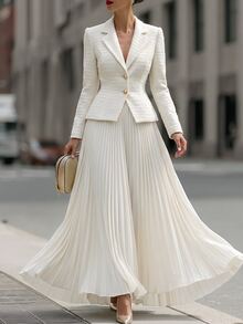 SHEIN Women's Fall/Winter White Lapel Double-Button Blazer Pleated Skirt Set,Short Jacket With High-Waist Swing Maxi Skirt,Occasion Wear For Business Dinner - Beige - View 4