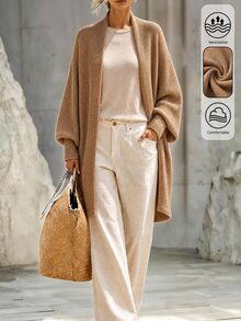 SHEIN كارديجان محبوك بأكمام طويلة متعدد الاستخدامات للنساء - كاكي - مشاهدة 3