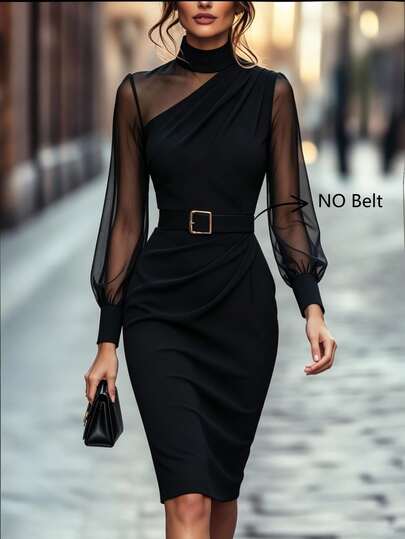 SHEIN Women's Elegant French Style High Neck Mesh Patchwork Lantern Sleeve Ruched Waist Slim Fit Bodycon Midi Dress, Women's Autumn Outfit, Women's Halloween Costume, Party Elegant Dress, Birthday Dress, Women's Elegant Dress, Women's Commute Outfit