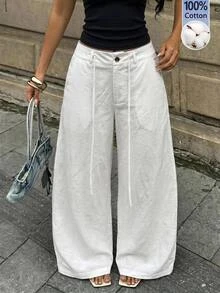 Coolane 女款大尺碼秋季街頭風度假波西米亞優雅Y2K休閒棉質白色寬腿鬆身長褲 正式款 - 白色 - 查看 2