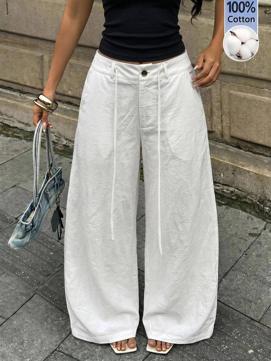 Coolane 女款大尺碼秋季街頭風度假波西米亞優雅Y2K休閒棉質白色寬腿鬆身長褲 正式款