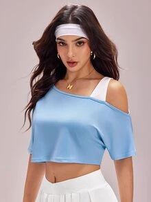 CourtClass CourtClass 女士时尚休闲网球风不对称肩带撞色无袖露脐宽松健身瑜伽运动上衣，夏季 - 淺藍色 - 查看 6