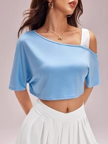 CourtClass CourtClass 女士时尚休闲网球风不对称肩带撞色无袖露脐宽松健身瑜伽运动上衣，夏季 - 淺藍色 - 查看 7