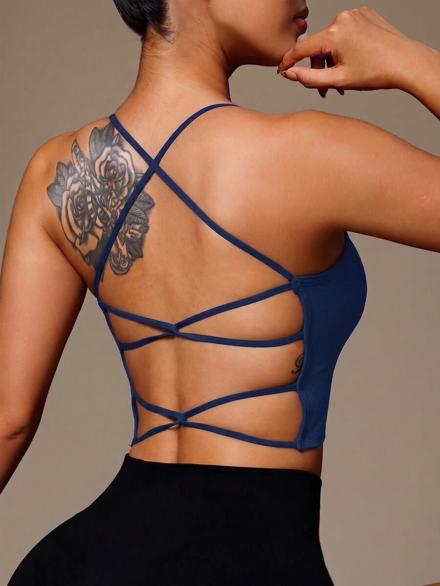 Slayform Slayform Women's Solid Color Back Lace-Up Design Seamless Sports Bra - Navy Blue - View 1