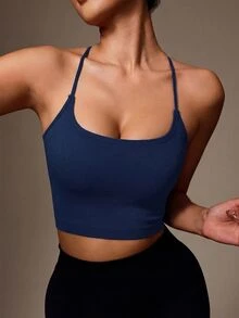 Slayform Slayform Women's Solid Color Back Lace-Up Design Seamless Sports Bra - Navy Blue - View 4