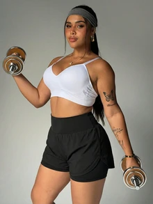SHEIN Sports 大码女式纯色高腰双层运动短裤 - 黑色 - 查看 4