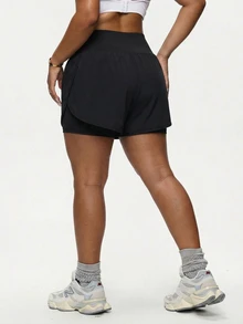 SHEIN Sports 大码女式纯色高腰双层运动短裤 - 黑色 - 查看 1