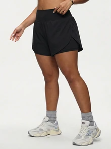 SHEIN Sports 大码女式纯色高腰双层运动短裤 - 黑色 - 查看 3