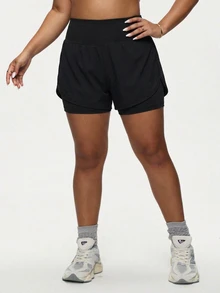 SHEIN Sports 大码女式纯色高腰双层运动短裤 - 黑色 - 查看 5
