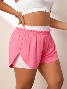 SHEIN Sports 大码女式拼接口袋休闲百搭日常运动短裤 - 西瓜粉 - 查看 5