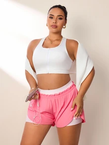SHEIN Sports 大码女式拼接口袋休闲百搭日常运动短裤 - 西瓜粉 - 查看 7