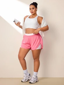 SHEIN Sports 大码女式拼接口袋休闲百搭日常运动短裤 - 西瓜粉 - 查看 6