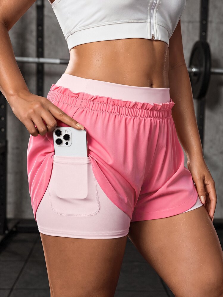 SHEIN Sports Plus Size Women Patchwork Pocket Casual Versatile Daily Wear Sports Shorts - Watermelon Pink - View 2