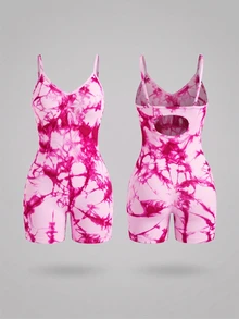 SHEIN Sports 女款紮染印花露背挖空細肩帶運動連身褲 - 玫紅色 - 查看 6