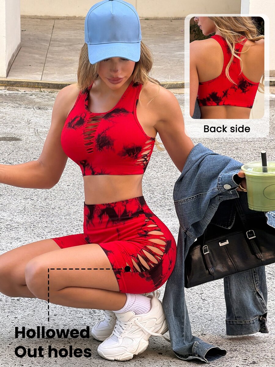 SHEIN Sports 無縫紮染短版背心與鏤空短褲運動套裝 - 彩色 - 查看 1