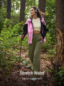 Exploreva Exploreva Women's Letter Print Pocket Loose Outdoor Long Pants - Olive Green - View 9