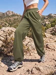 Exploreva Exploreva Women's Letter Print Pocket Loose Outdoor Long Pants - Olive Green - View 3