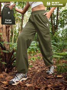 Exploreva Exploreva Women's Letter Print Pocket Loose Outdoor Long Pants - Olive Green - View 4