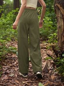 Exploreva Exploreva Women's Letter Print Pocket Loose Outdoor Long Pants - Olive Green - View 6