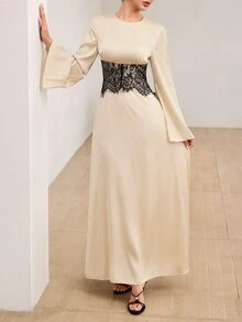 Graceveil Elegantes reifes lässiges Satin-Kleid mit Rundhalsausschnitt, Spitzen-Taillenkorsett, Patchwork-Design, ausgestellten Ärmeln, für Abendessen, Party, Beige, Herbst, Hochzeit - Aprikosenfarben - Übersicht 7