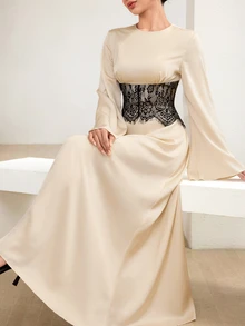 Graceveil Elegantes reifes lässiges Satin-Kleid mit Rundhalsausschnitt, Spitzen-Taillenkorsett, Patchwork-Design, ausgestellten Ärmeln, für Abendessen, Party, Beige, Herbst, Hochzeit - Aprikosenfarben - Übersicht 5