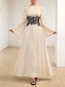 Graceveil Elegantes reifes lässiges Satin-Kleid mit Rundhalsausschnitt, Spitzen-Taillenkorsett, Patchwork-Design, ausgestellten Ärmeln, für Abendessen, Party, Beige, Herbst, Hochzeit - Aprikosenfarben - Übersicht 6