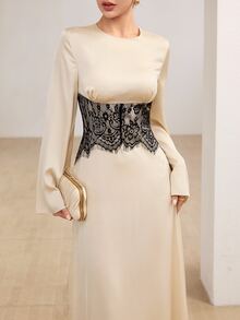 Graceveil Elegantes reifes lässiges Satin-Kleid mit Rundhalsausschnitt, Spitzen-Taillenkorsett, Patchwork-Design, ausgestellten Ärmeln, für Abendessen, Party, Beige, Herbst, Hochzeit - Aprikosenfarben - Übersicht 4