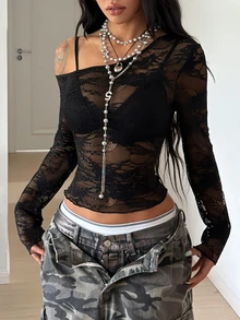 StreetHx Slim Fit Sexy Long Sleeve Asymmetric Neck Black Sheer Lace 2 Pieces Set - Black - View 2