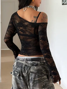 StreetHx Slim Fit Sexy Long Sleeve Asymmetric Neck Black Sheer Lace 2 Pieces Set - Black - View 3
