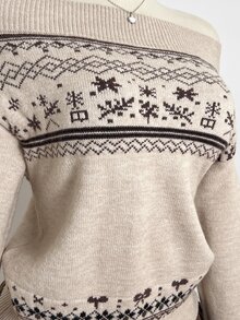 Elamini Women's Vintage Preppy Jacquard Off-Shoulder Sweater - Apricot - View 5