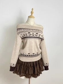 Elamini Women's Vintage Preppy Jacquard Off-Shoulder Sweater - Apricot - View 1