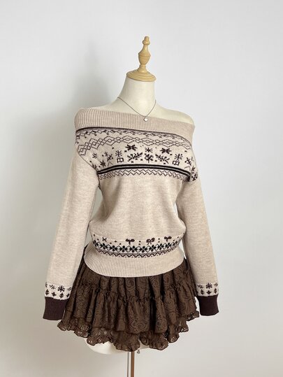 Elamini Sweater Wanita Vintage Lucu Gaya Preppy Jacquard Tanpa Bahu, Model Sehari-hari untuk Sekolah, Warna Beige, Musim Gugur