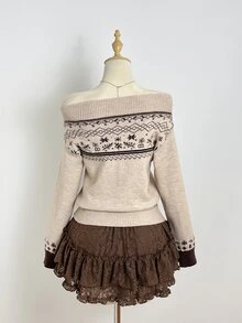 Elamini Women's Vintage Preppy Jacquard Off-Shoulder Sweater - Apricot - View 2