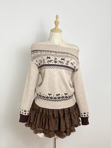 Elamini Women's Vintage Preppy Jacquard Off-Shoulder Sweater - Apricot - View 3
