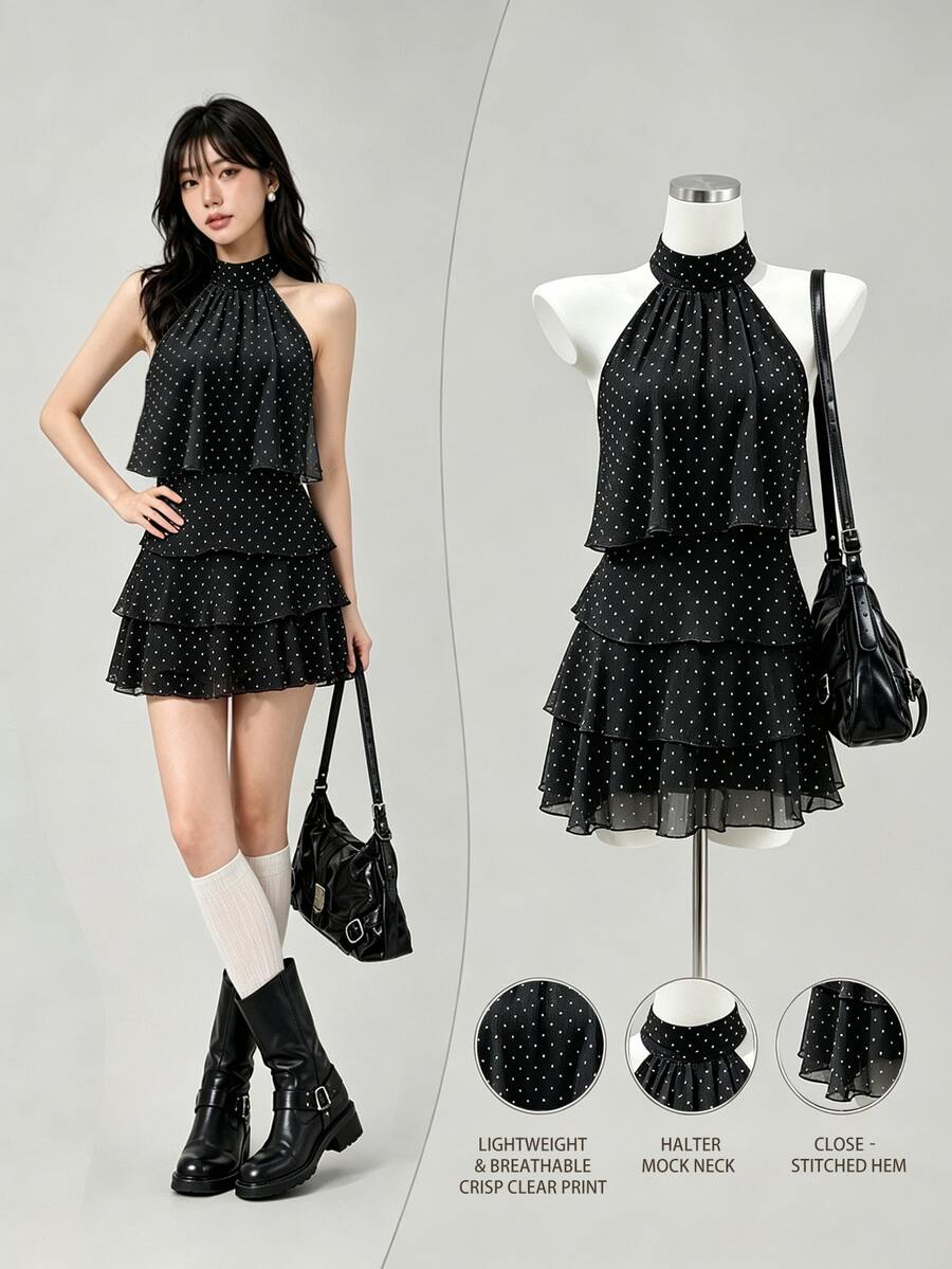 Elamini Women's Summer Dress Vacation Halter Polka‑Dot Dress Vacation Black And White Polka Dot Elegant - Black - View 1